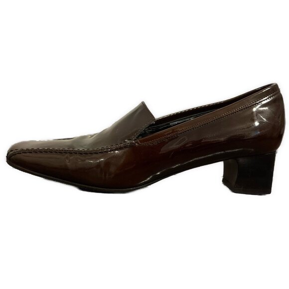Banana Republic Italy Chocolate Brown Patent Leather Low Block Heel Loafers 6.5 - Picture 1 of 7